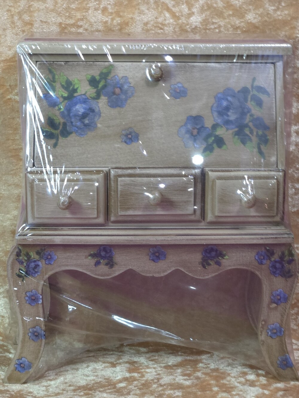 MIB Vintage Wooden Miniature Secretary Desk Jewelry Trinket Box Blue Rose